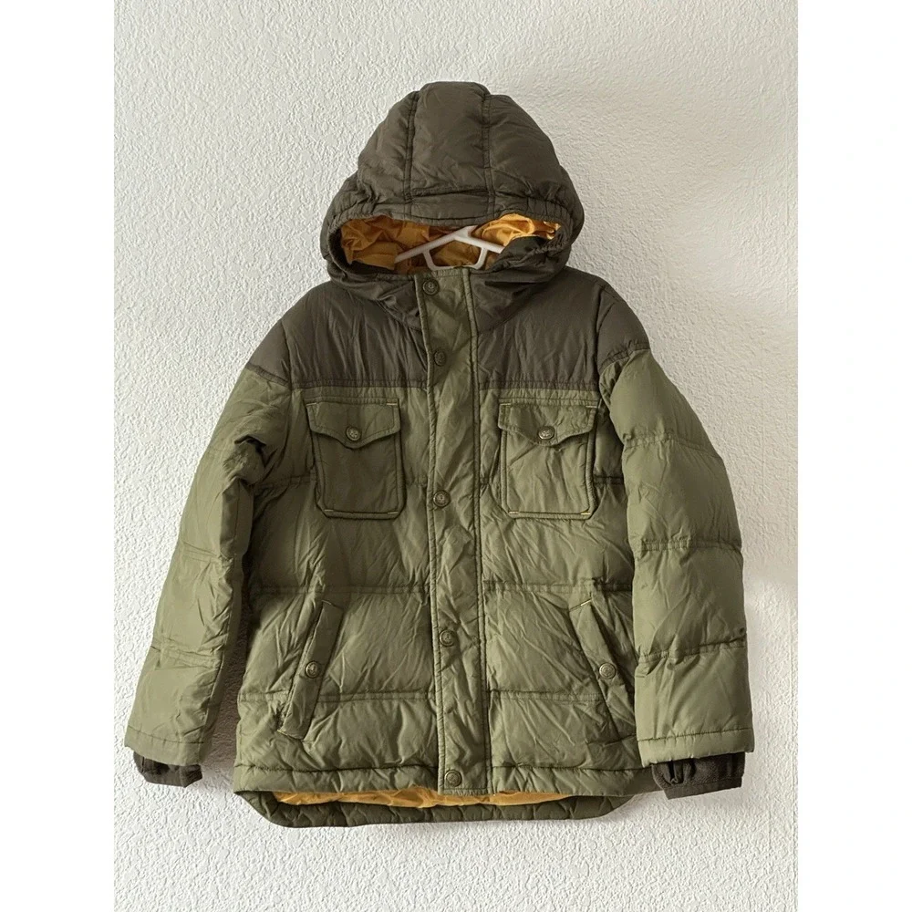 Lands End Kids Size L/7 Green Down‎ Puffer Jacket Hood Pockets Winter Warm Coat